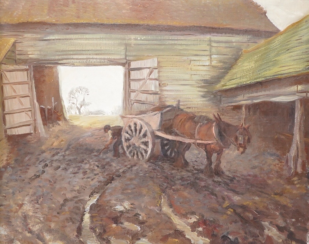 Hugh Verrell, Work horse and cart before a barn, signed, oil on canvas, 60 x 75cm
